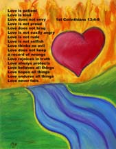 1st Corinthians 13 over artwork, Postcard by artist Angela Young